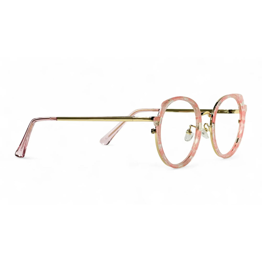 Pink and gold eyeglasses on a white background